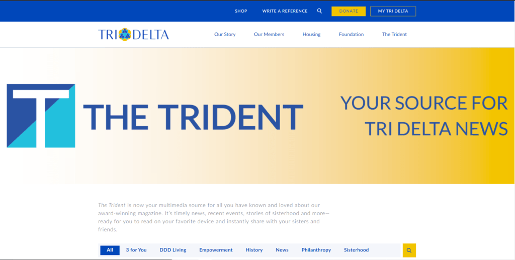 Screen shot of The Trident home page. Your source for Tri Delta News.