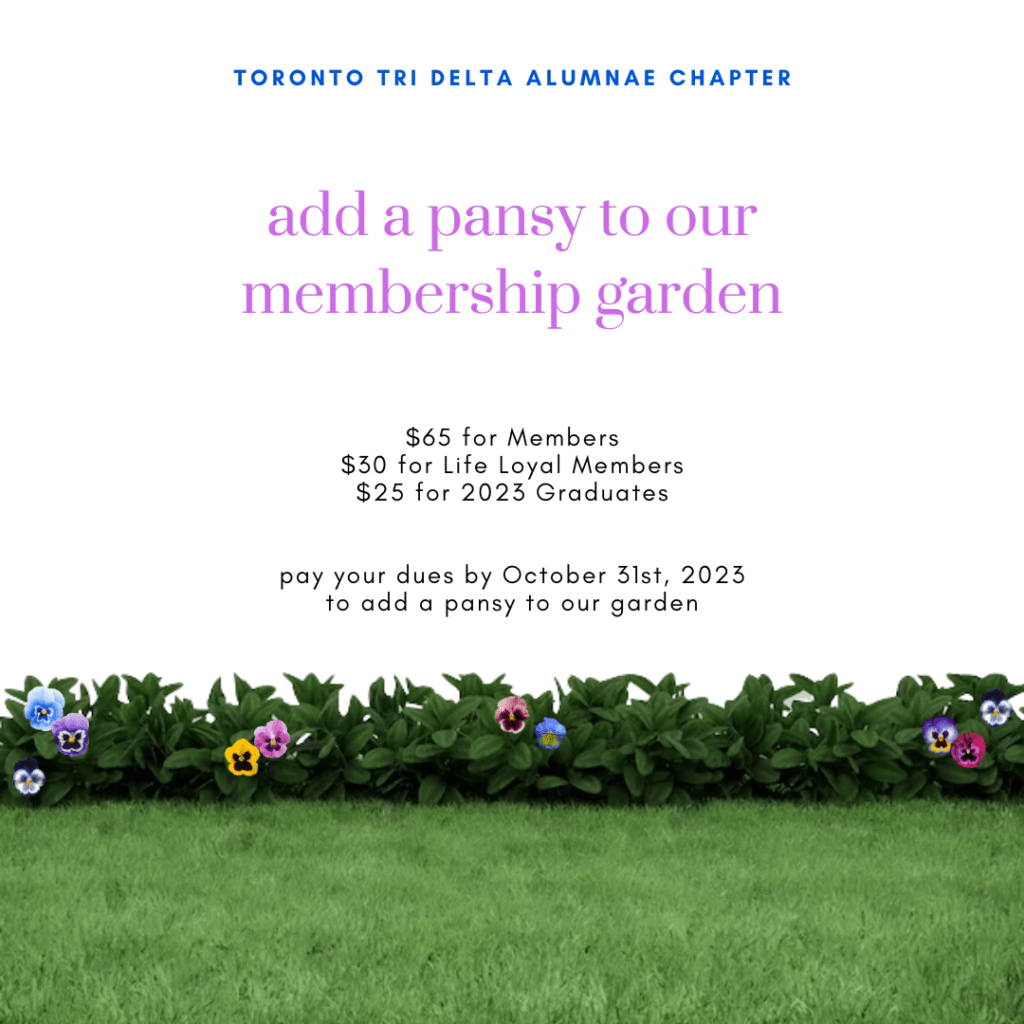 Poster showing pansies behind a lawn, asking you to add a pansy to our membeship garden by paying your dues today.